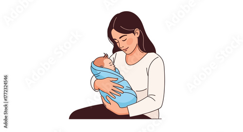 A woman cradles a baby wrapped in a blue blanket both rendered in a cartoonish style