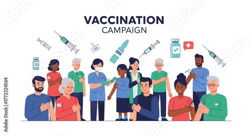 Community vaccination campaign promoting health and well-being with diverse group of people receiving shots