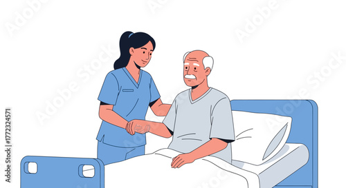 A female nurse provides compassionate medical care and support to an elderly male patient sitting in a hospital bed