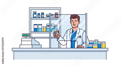 Pharmacist in white coat handing prescription bottle to customer behind counter at pharmacy