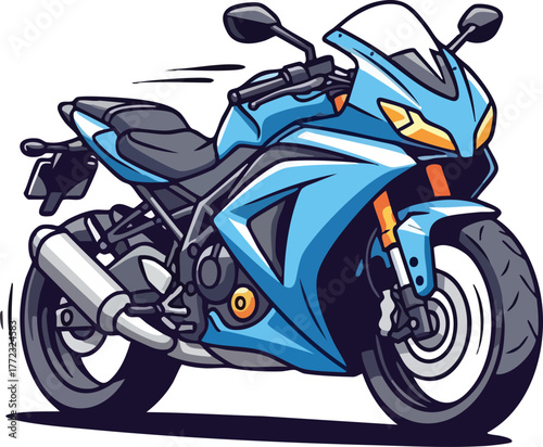 Blue Sport Motorcycle in Motion Side View With White Background
