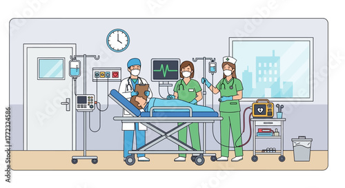 Medical team of doctors and nurses in an intensive care unit providing emergency resuscitation to a patient on a gurney