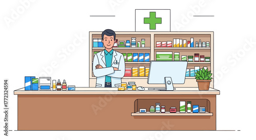 Pharmacist Standing Behind Counter in Pharmacy with Shelves of Medications and Products