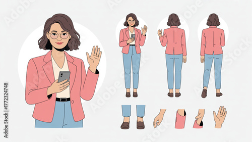 Confident businesswoman with stylish glasses waving hello while holding her phone, perfect for illustrating modern business communication and approachable leadership