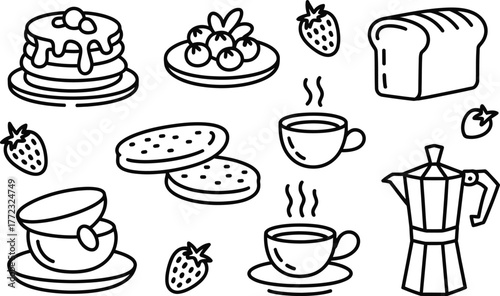 Stacked pancakes blueberries strawberries toast coffee cups moka pot