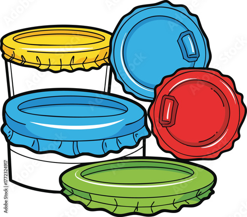 Collection Of Five Colorful Plastic Bottle Caps On White Background