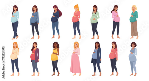 Array of 14 pregnant women in various casual outfits diverse hair skin tones barefoot