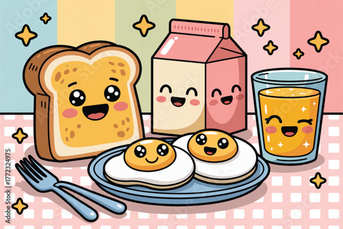 Adorable cartoon breakfast with smiling toast, eggs, juice, and milk, perfect for children's books or educational materials, vibrant and cheerful