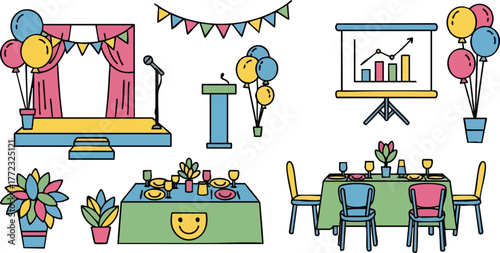 Colorful Pixel Art Celebration Scene with Stage Balloons Podium and Decorated Tables