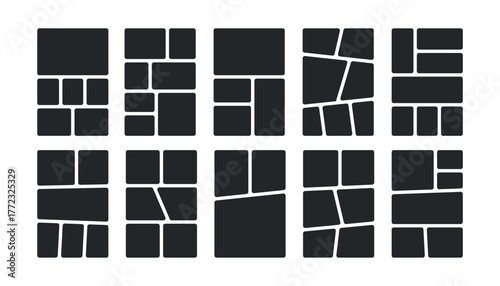 Comic book panels set. Manga collage blank template. Storyboard layout panel. Empty page frame for photo collage. Comic book board mockup. Vector illustration isolated on white background.