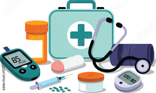 Essential medical tools for health monitoring and care, featuring a glucose meter, blood pressure cuff, stethoscope, and first aid kit.