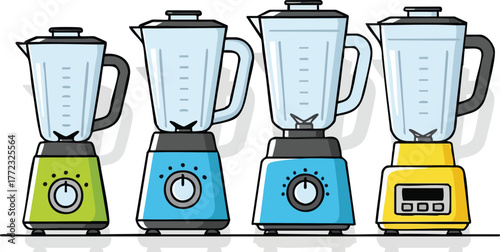 Four Pixel Art Blenders Lined Up In A Row With Different Colors And Controls On A White Background