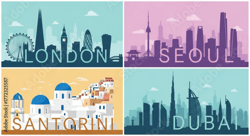 Vibrant city skylines of London, Seoul, Santorini, and Dubai capture global travel inspiration and iconic architectural wonders.