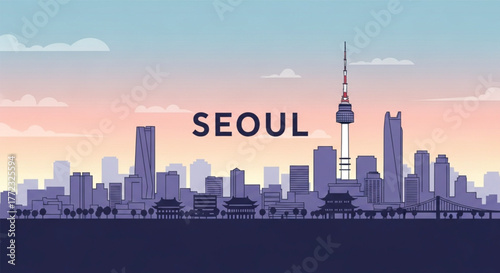 Vibrant Seoul skyline at sunset, a modern city blending tradition with futuristic architecture, perfect for travel.