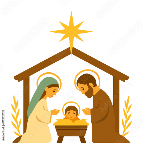 Nativity Scene with Baby Jesus, Mary and Joseph in Stable, Christmas Illustration Art