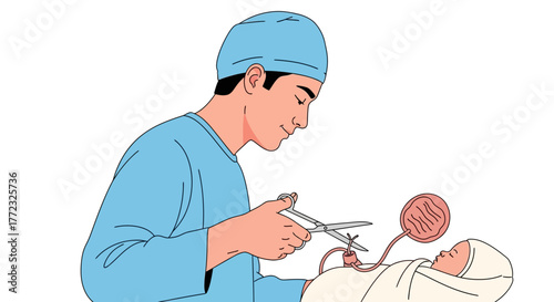 Doctor cuts umbilical cord of newborn baby postdelivery using scissors