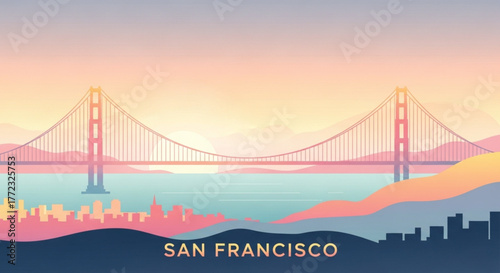 Iconic Golden Gate Bridge vista at sunset with San Francisco skyline, serene coastal landscape