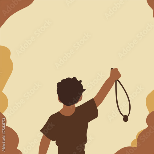 Silhouette Boy Holding Slingshot in Victory Pose, Biblical David Illustration Art