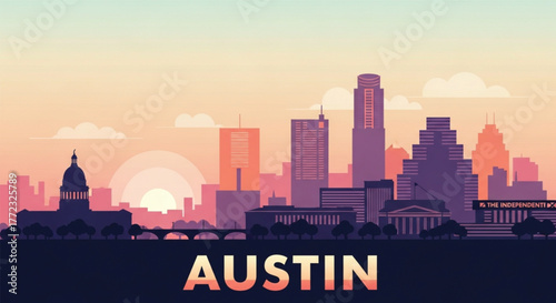 Vibrant Austin skyline at sunset, a modern cityscape illustration capturing the energy of Texas's capital city