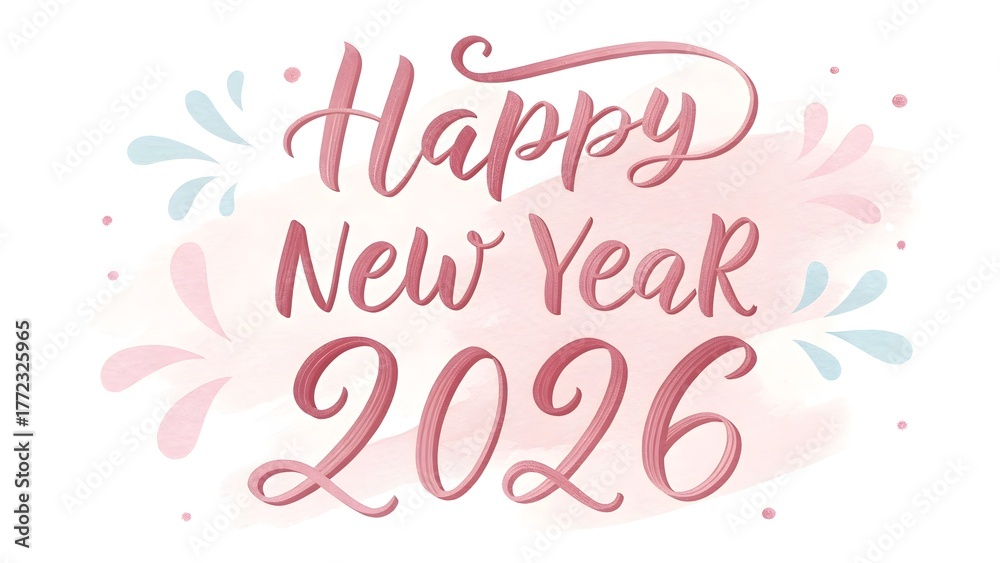 Obraz premium Soft Pastel Pink 'Happy New Year 2026' Calligraphy – Watercolor Flowing Script