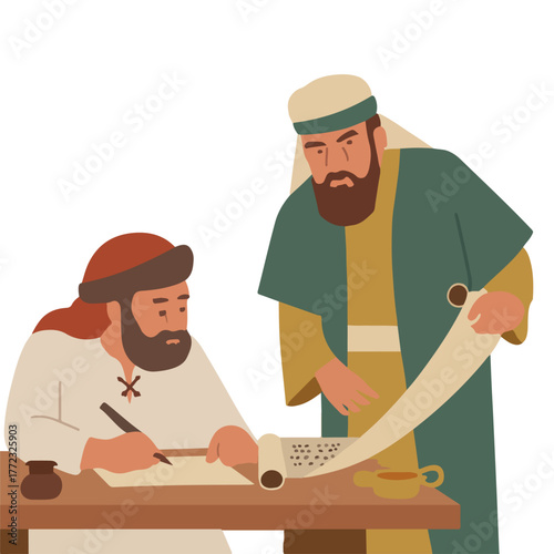 Biblical Scribe Writing Scroll with Teacher, Ancient Religious Illustration Art