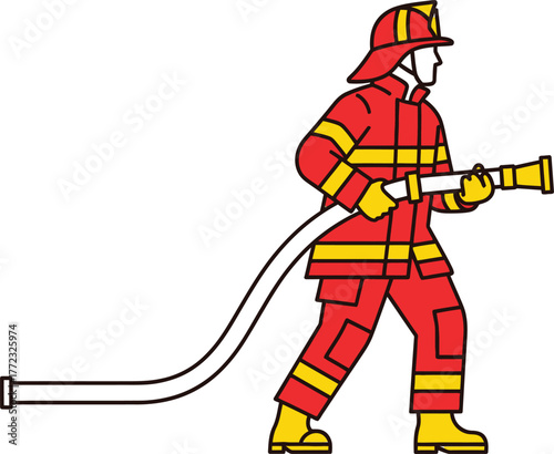 Brave firefighter with hose in action