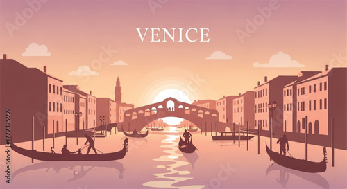 Gondolas glide on serene Venetian canal at sunset past historic buildings and iconic bridge, evoking romantic travel.