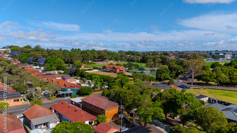 Obraz premium Panorama aerial drone view of western Sydney Suburbs of Canterbury Burwood Ashfield Marrickville Campsie with Houses roads and parks in Sydney New South Wales NSW Australia