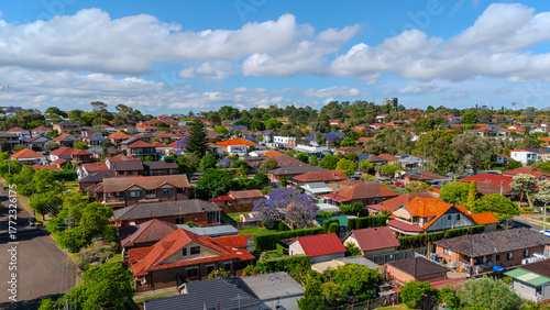 Panorama aerial drone view of western Sydney Suburbs of Canterbury Burwood Ashfield Marrickville Campsie with Houses roads and parks in Sydney New South Wales NSW Australia