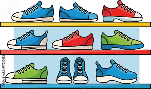 Pixel Art Collection Of Canvas Sneakers In Blue Red And Green Displayed On Shelves