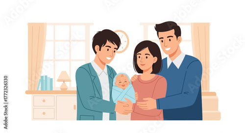 Family portrait indoors with parents holding smiling swaddled baby in cozy domestic scene