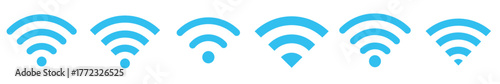 Illustration of a blue wifi signal icon with curved lines and circles on a transparent background. Vector illustration.