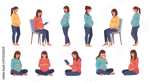 Illustration displays diverse pregnant women in various poses and clothing