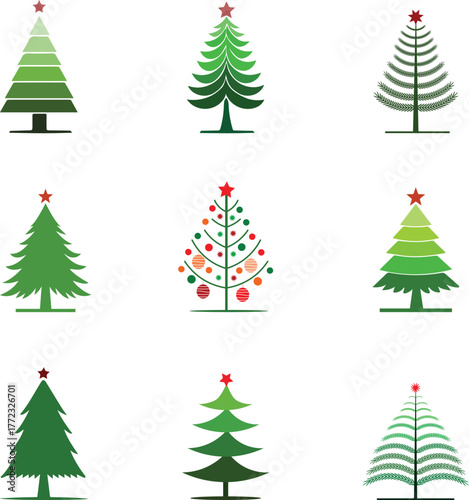 set of colorful christmas trees vector design icon style illustrator art 