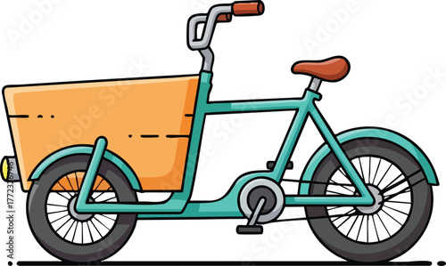 Teal Cargo Bicycle With Orange Box And Brown Seat On White Background