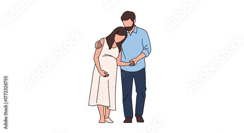 Man embraces pregnant woman in dress comforting pose