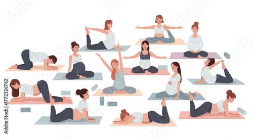 Illustration of pregnant women doing yoga poses on mats in a studio setting