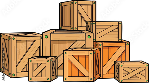 Stack Of Wooden Crates In Various Sizes On A White Background