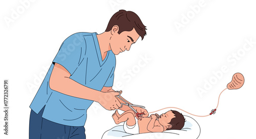 Man with scissors cutting umbilical cord of baby lying on cot