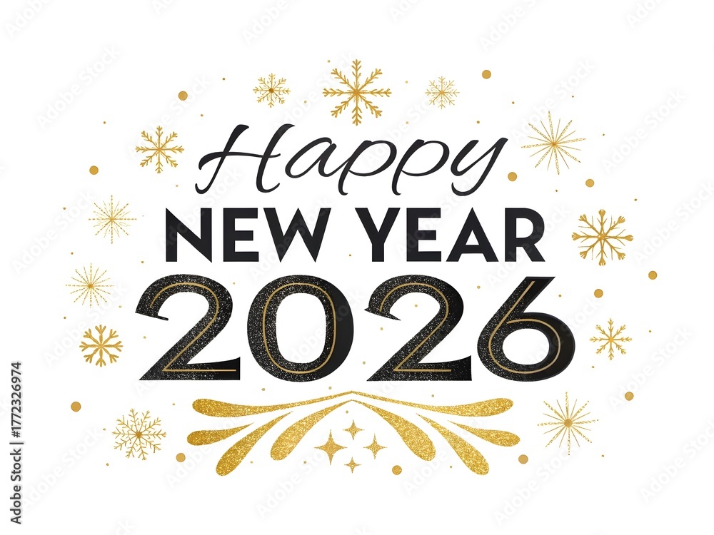 Fototapeta premium Elegant Black and Gold 'Happy New Year 2026' Calligraphy – Sparkling Glitter Luxe Design