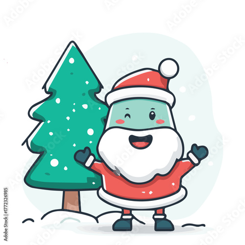Cute Christmas mascot illustration with santa and christmas tree