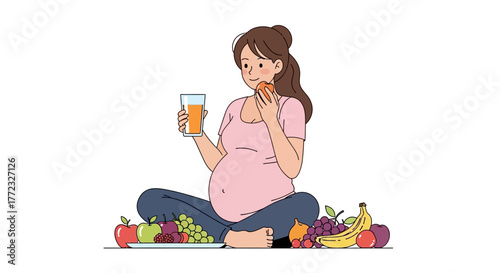 Pregnant woman eating an apple drinking juice sits among various fruits