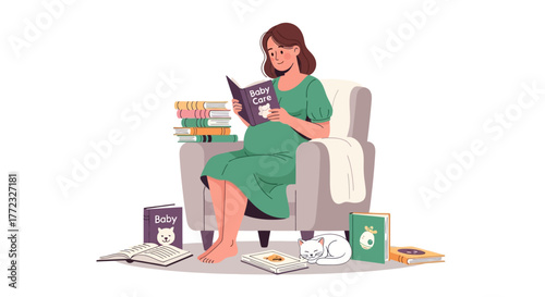 Pregnant woman in armchair reading baby care book surrounded by books with a white cat sleeping nearby