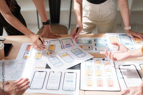 Obraz na płótnie Product designers collaborating on mobile app ui ux wireframes