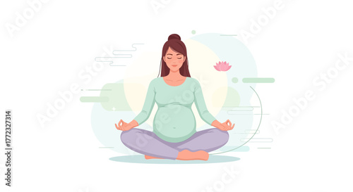 Pregnant woman meditates crosslegged amidst a stylized serene backdrop featuring a lotus flower