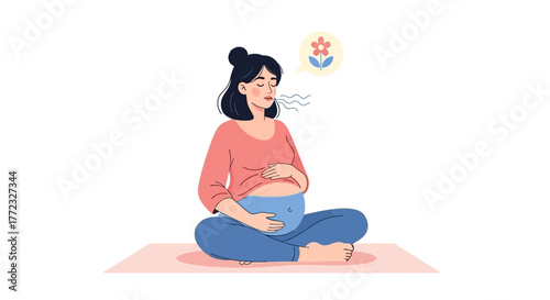 Pregnant woman meditating crosslegged on a yoga mat eyes closed a flower in a thought bubble