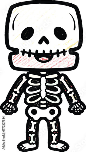 Cartoon Skeleton Character Standing for Halloween Celebration with Chalk Texture, Cute Spooky Illustration in Front View with Bones and Skull for Children's Party Invitation or Decoration with Retro V