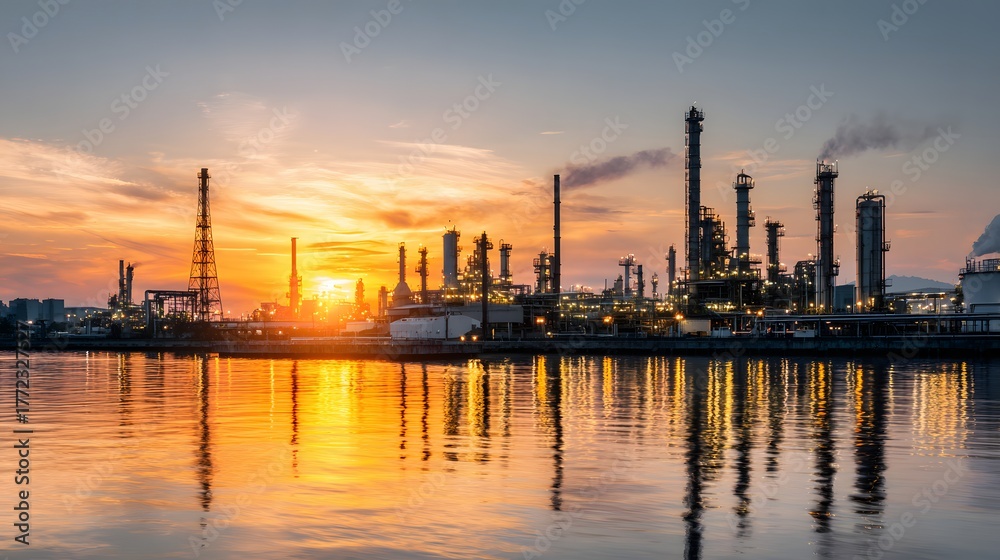 Fototapeta premium Industrial complex silhouette reflects vividly upon calm water during a brilliant sunset