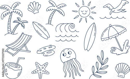 Beach vacation doodle elements palm trees surfboard sun jellyfish