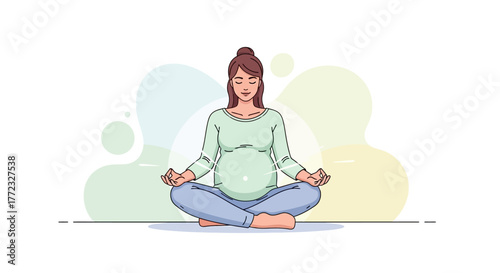 Pregnant woman with bun sits crosslegged meditating